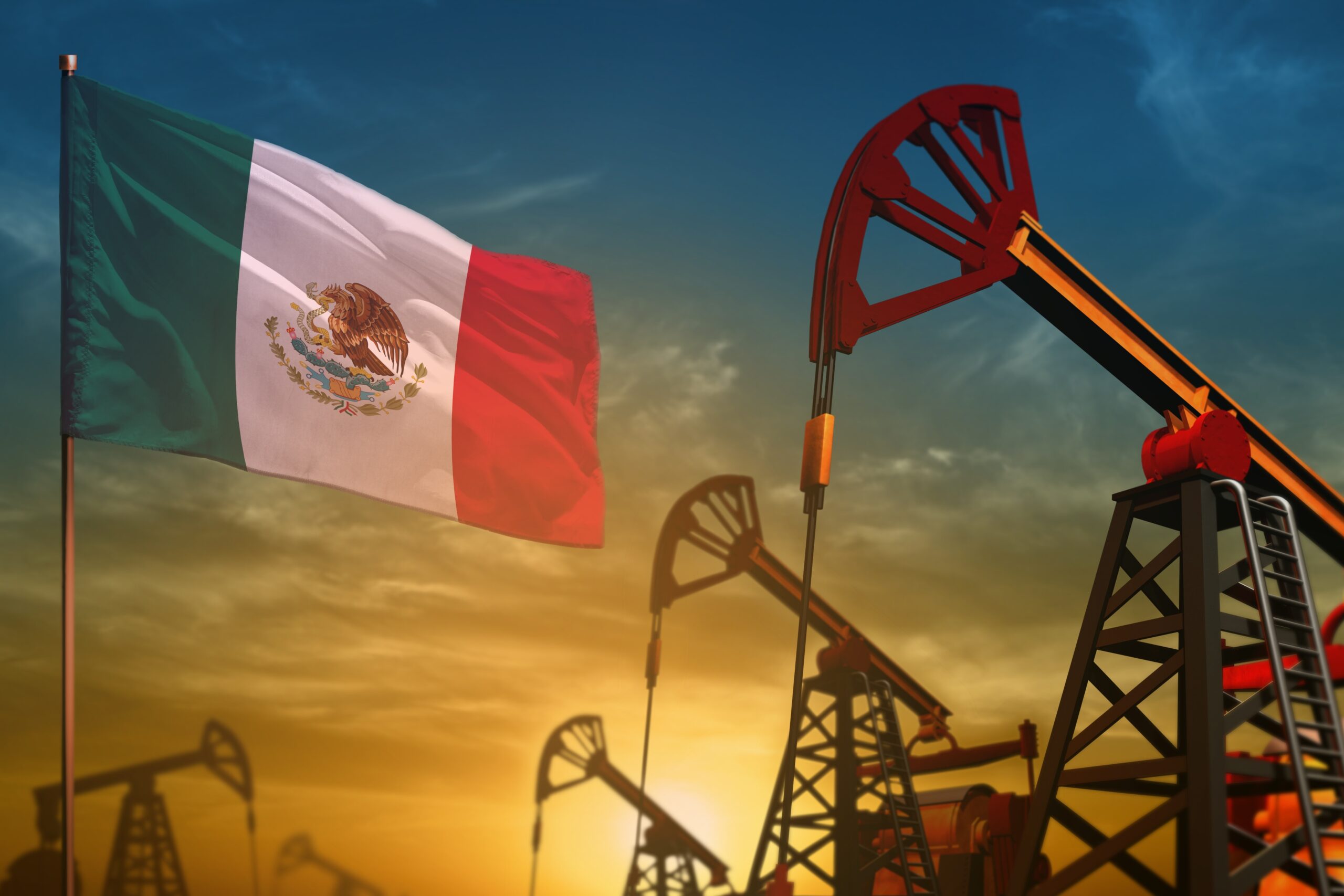 AdobeStock Mexico Oil Industry Concept. Industrial Illustration Mexico Flag And Oil Wells Against The Blue And Yellow Sunset Sky Background 3D Illustration By Dancing Man Jpeg Scaled