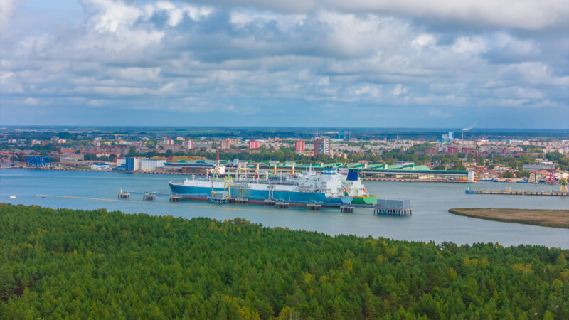 aerial view of floating lng storage and regasification unit in