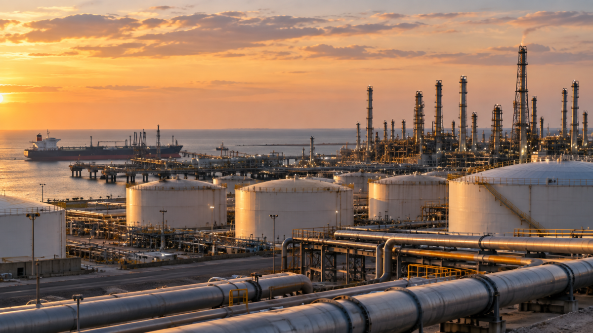 IEA Oil Supply Gap Widens as Inventories Shrink Oil storage tanks and refinery illustrating the IEA oil supply gap warning