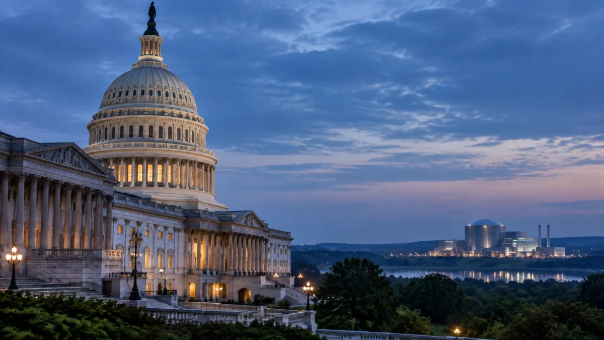 U.S. Capitol and nuclear energy infrastructure representing nuclear permitting reform bills