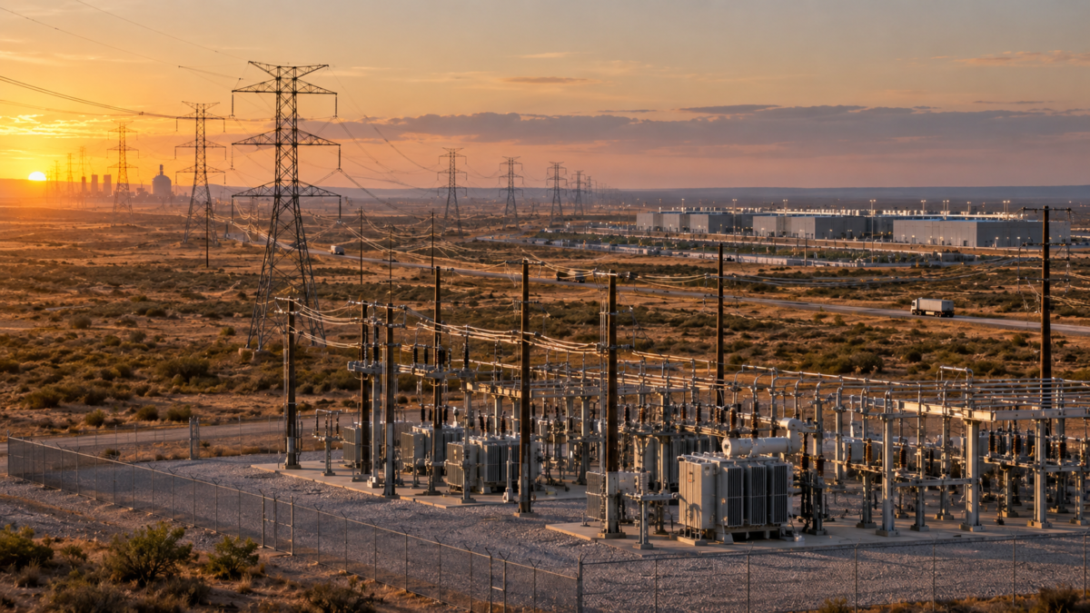 High-voltage transmission lines and a Texas substation serving growing electricity demand