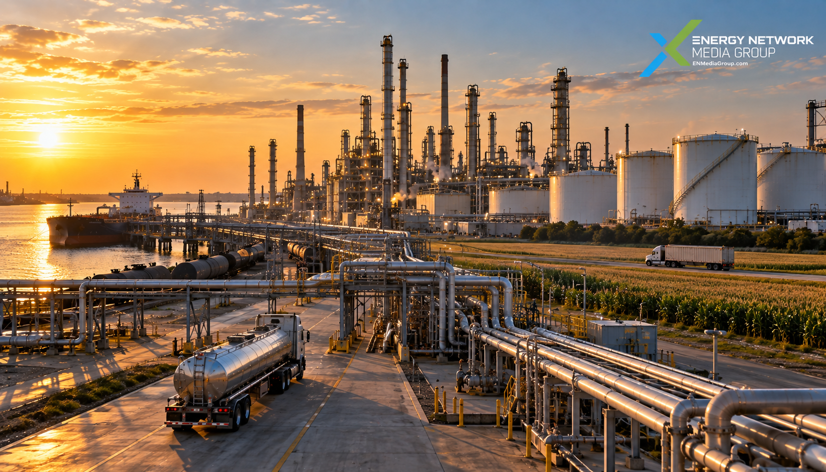 Gulf Coast refinery producing diesel near fuel storage tanks and agricultural transportation infrastructure