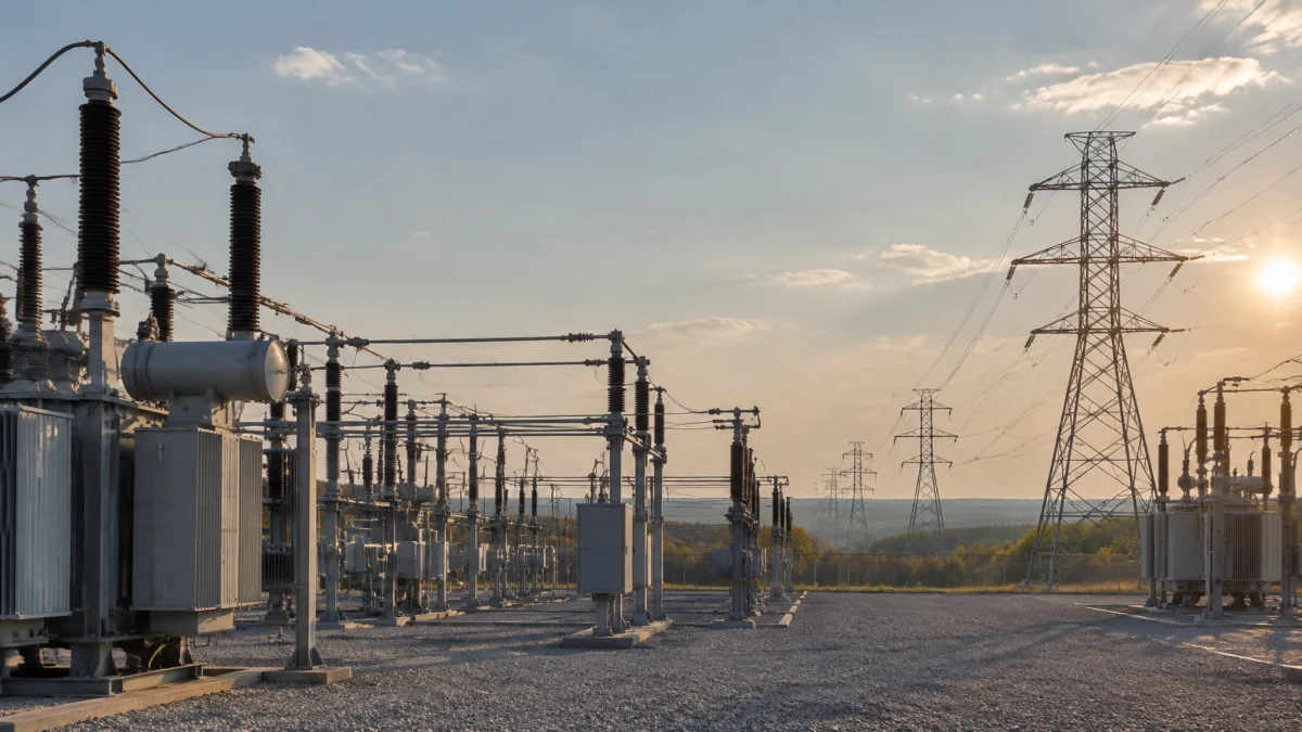 PJM emergency grid order represented by transmission lines and a high-voltage substation during warm October weather