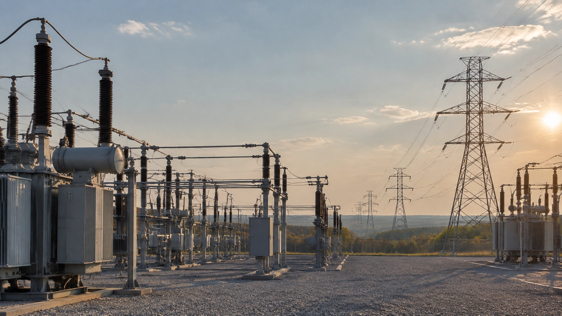 PJM emergency grid order represented by transmission lines and a high-voltage substation during warm October weather