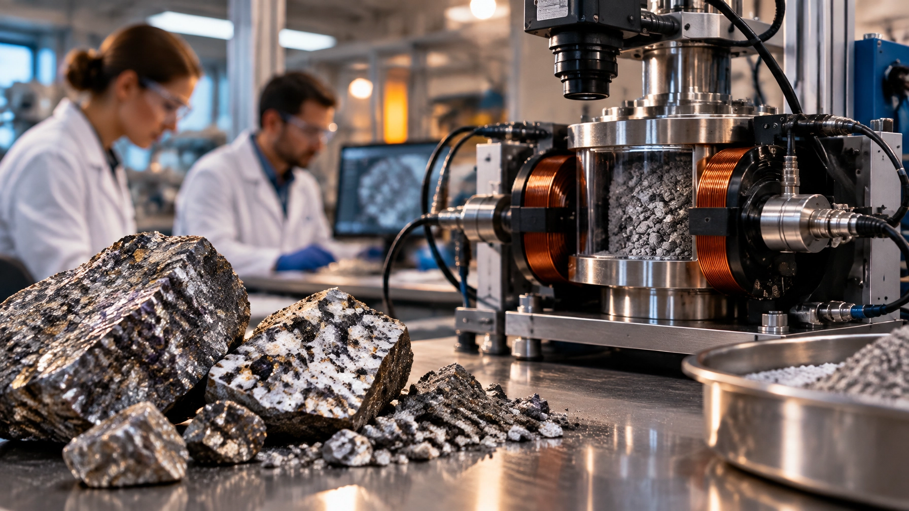 Laboratory researchers studying rare-earth ore processing with sensing and particle-analysis equipment