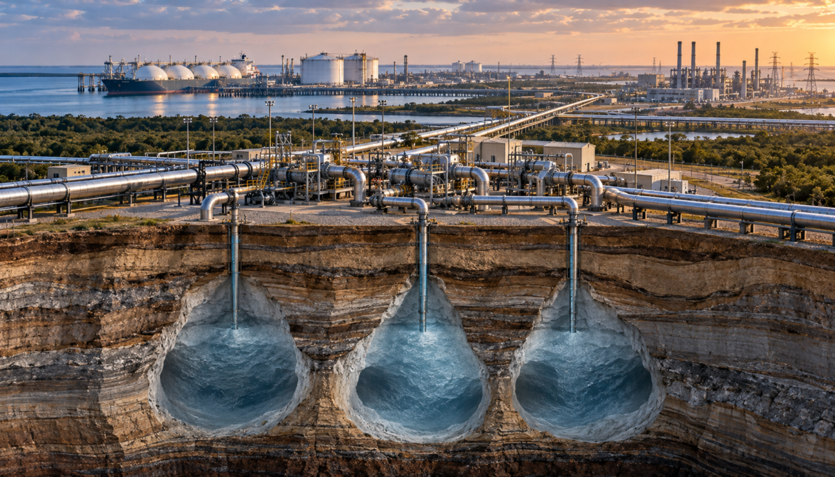 Texas Gas Storage Expansion Targets Gulf Coast Deliverability Texas gas storage expansion represented by salt-cavern wells, pipeline infrastructure and Gulf Coast natural gas facilities
