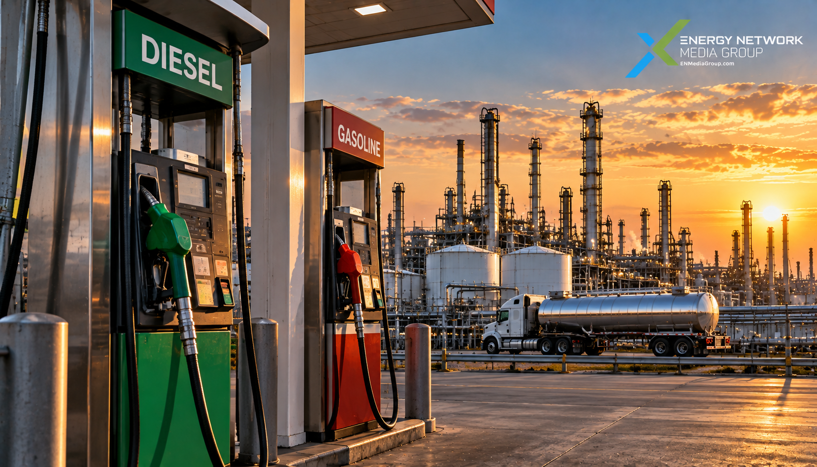 Diesel and gasoline prices displayed at a U.S. fuel station as the diesel price gap widens in 2026