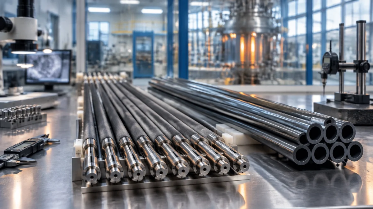 Technicians inspect full-length silicon carbide nuclear fuel cladding rods for dimensional stability and fabrication quality.