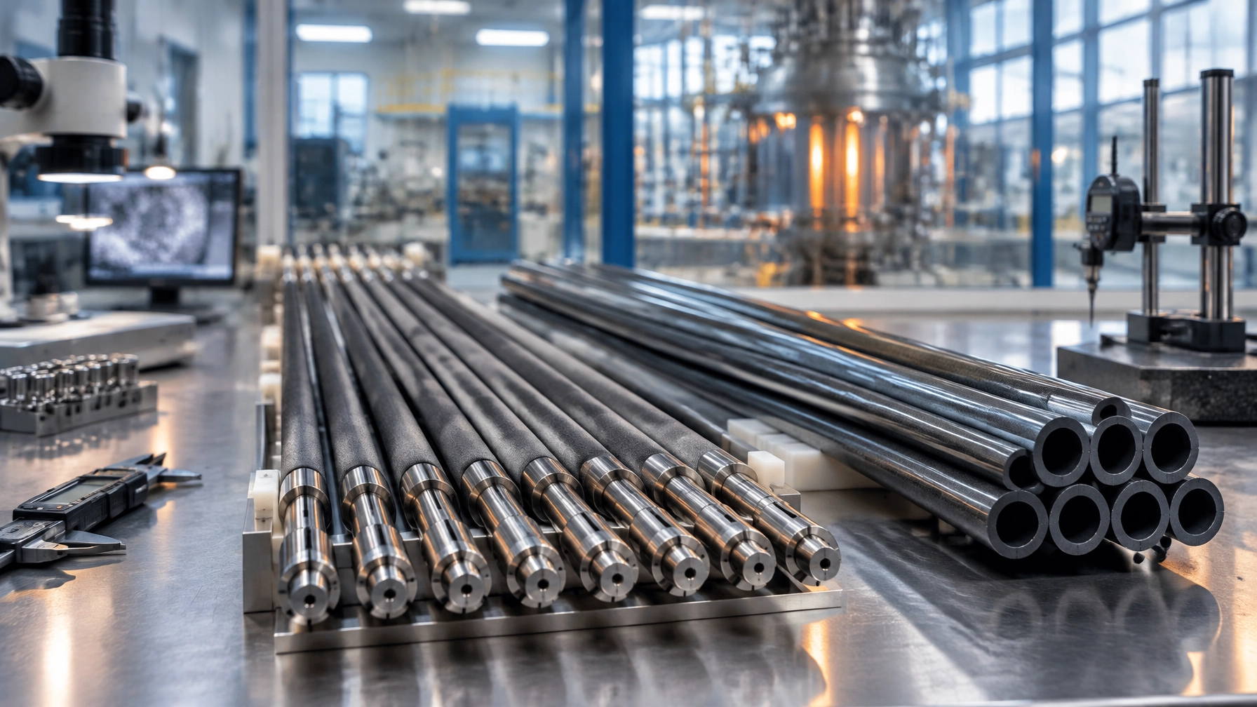 Technicians inspect full-length silicon carbide nuclear fuel cladding rods for dimensional stability and fabrication quality.