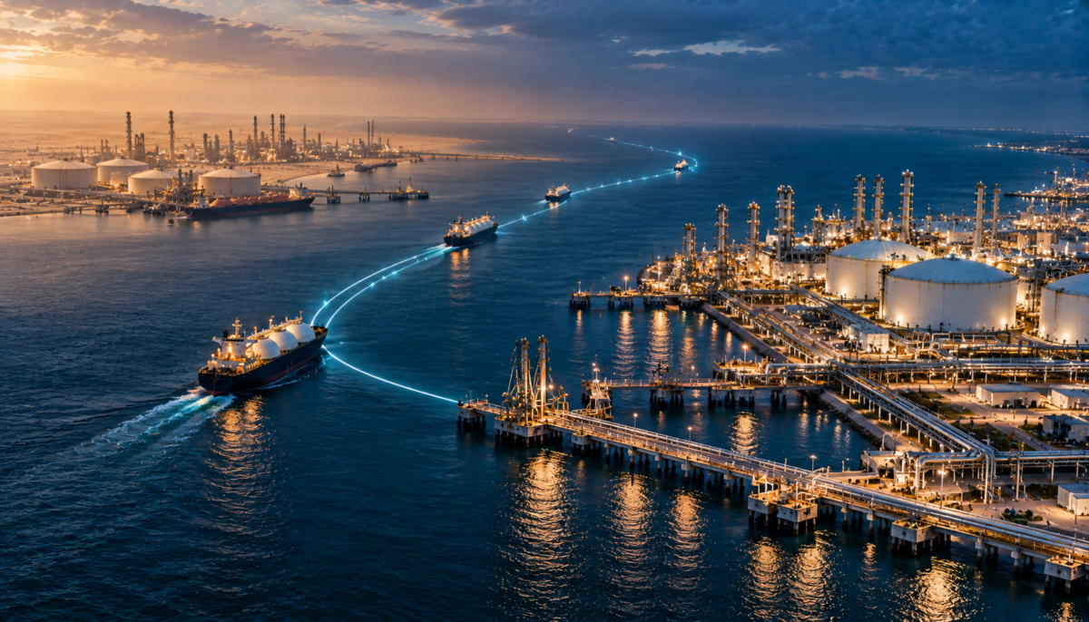 Editorial illustration contrasting disrupted Qatar LNG infrastructure with active U.S. Gulf Coast supply