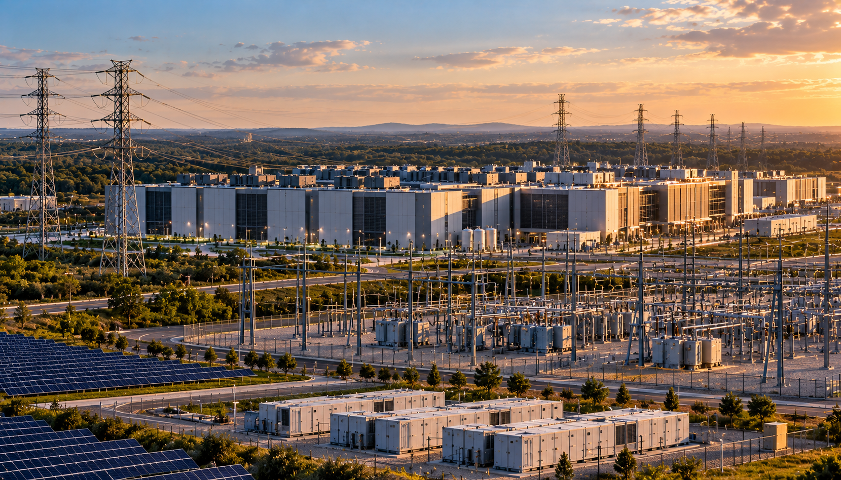 Large Northern Virginia data center campus beside electrical substations and high-voltage transmission lines