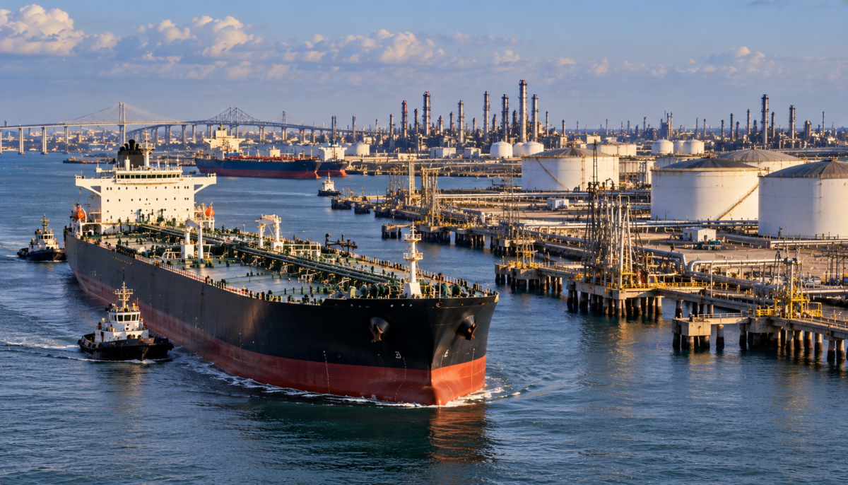 Venezuelan Crude Reaches Corpus Christi Oil tanker carrying Venezuelan crude arriving at an industrial terminal in Corpus Christi, Texas