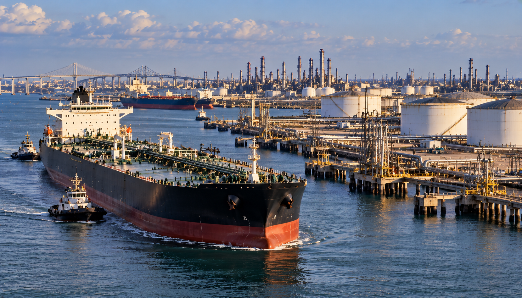 Oil tanker carrying Venezuelan crude arriving at an industrial terminal in Corpus Christi, Texas