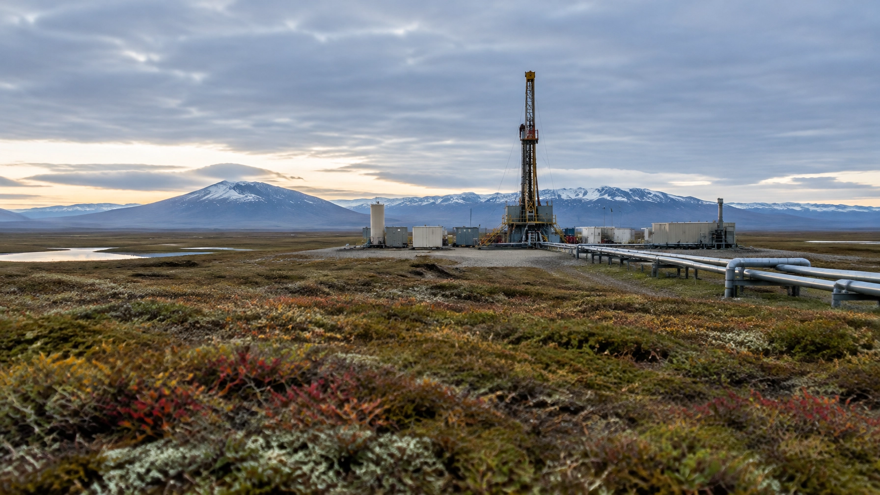 Conceptual Alaska North Slope methane hydrate research well site under an Arctic sky