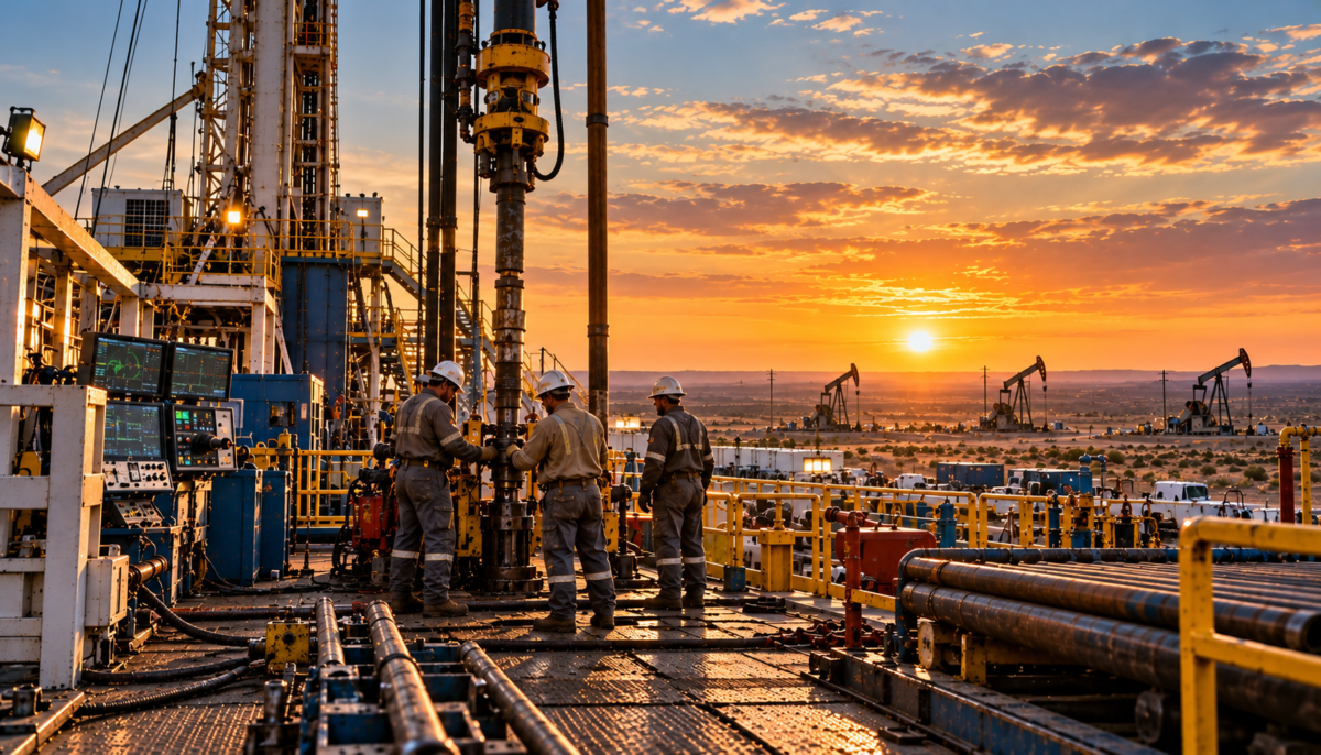 What a Leaner Oilfield Workforce Means for the Next Boom A small oilfield crew monitoring a modern drilling operation, representing a leaner oilfield workforce.