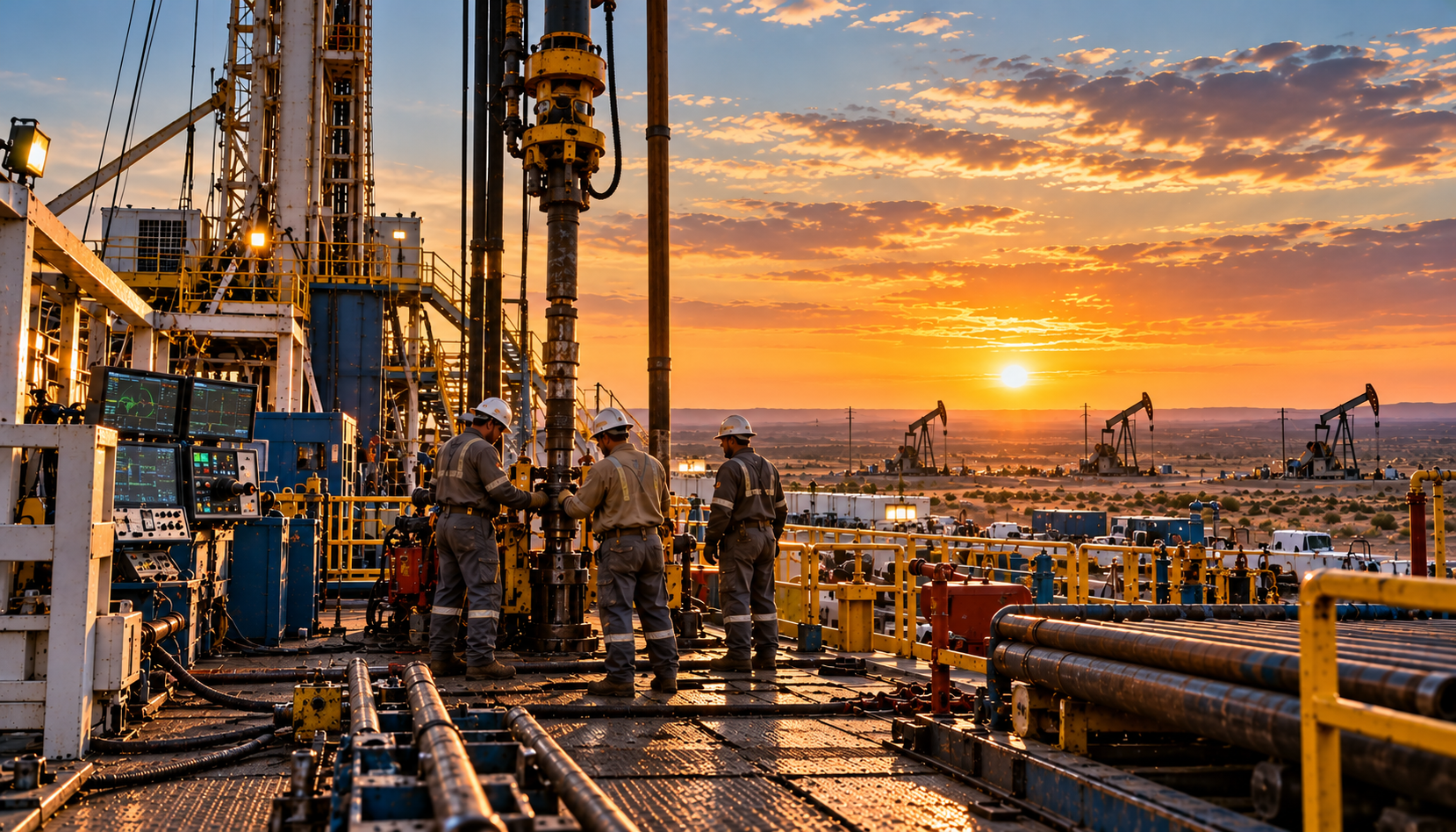 A small oilfield crew monitoring a modern drilling operation, representing a leaner oilfield workforce.