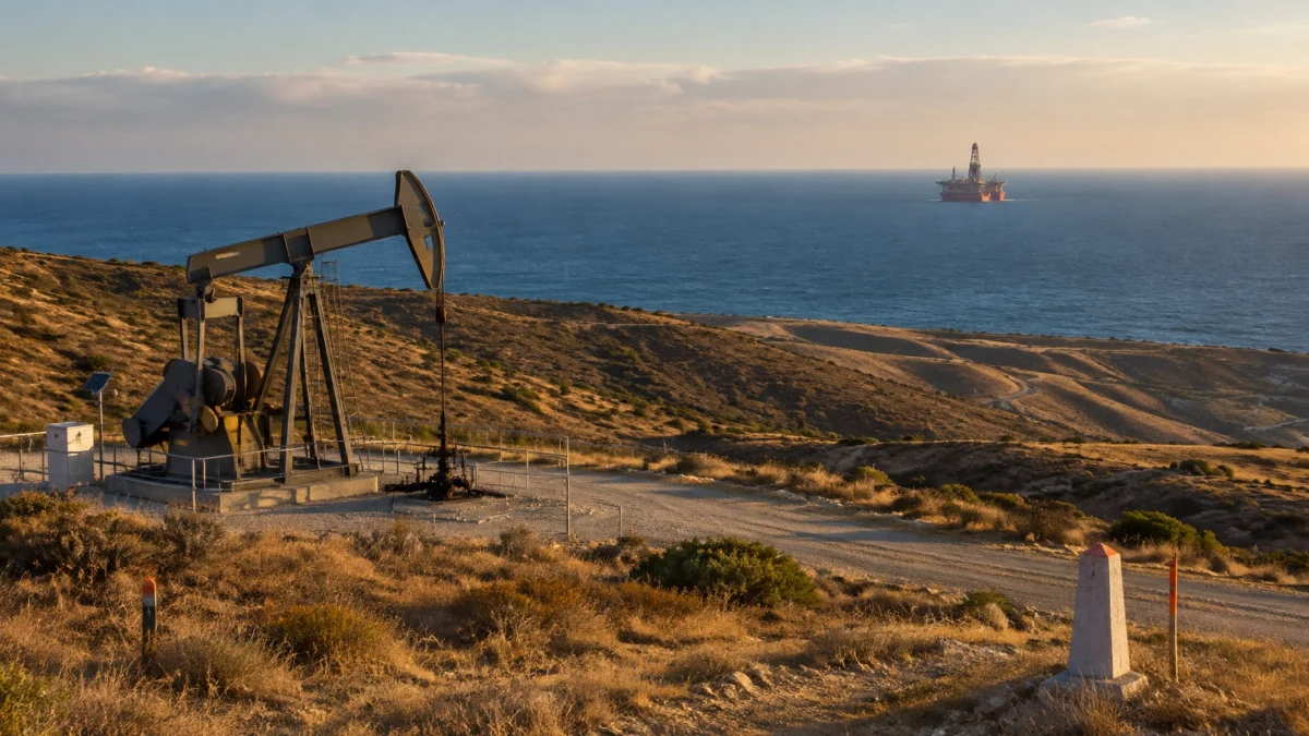 Editorial composite illustrating the California lease sale and federal offshore oil and gas leasing in the Gulf.
