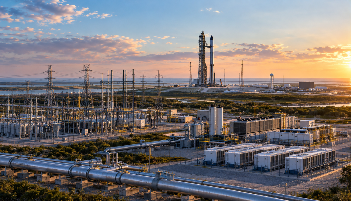 SpaceX launch facility with natural gas, battery storage, and electrical infrastructure supporting rising power demand